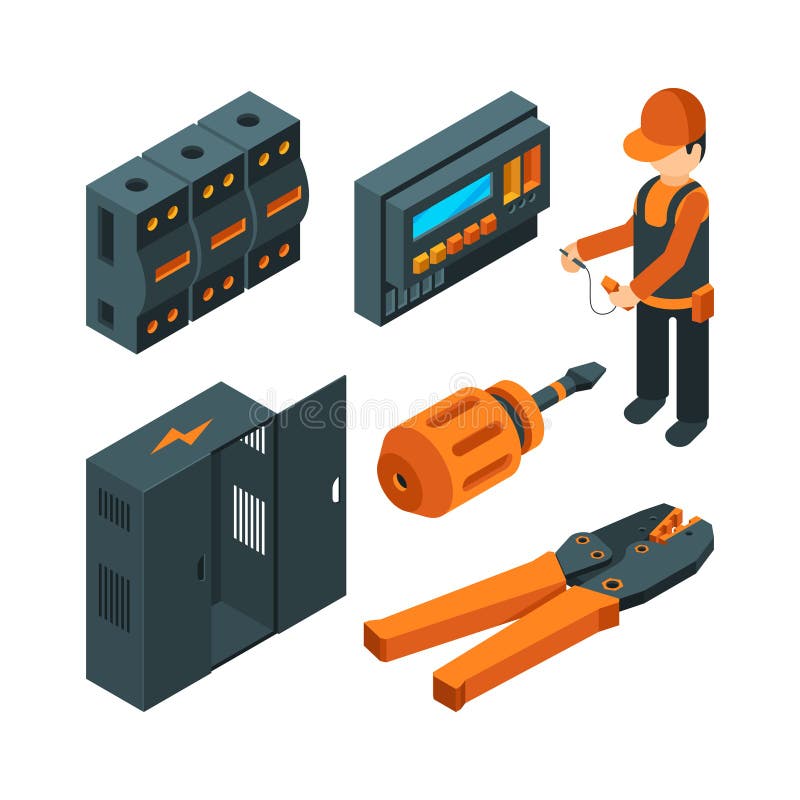 Electrical systems isometric. Electrician worker with industrial power tools for repair and setup unit vector 3d. Isometric worker electrician, repairman technician, maintenance system illustration. Electrical systems isometric. Electrician worker with industrial power tools for repair and setup unit vector 3d. Isometric worker electrician, repairman technician, maintenance system illustration