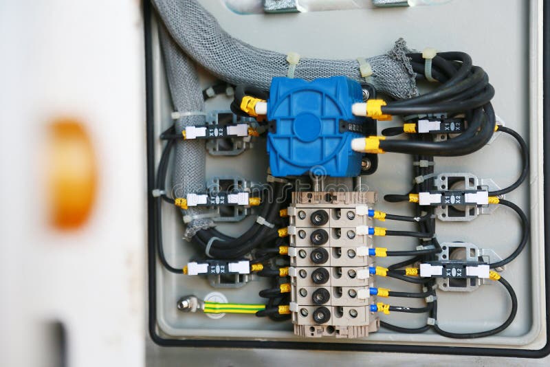 Electrical terminal in junction box and service by technician. Electrical device install in control panel for support program stock photography Electrical terminal in junction box and service by technician. Electrical device install in control panel for support program stock photography
