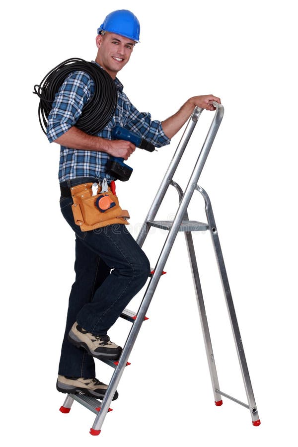 An Electrician Climbing a Ladder. Stock Image Image of professional