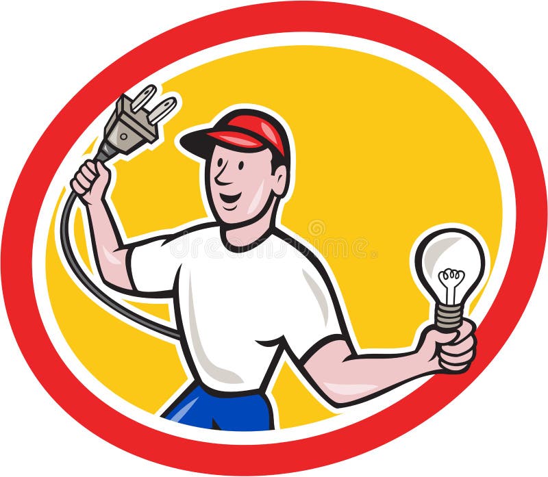Electrician Holding Electric Plug And Bulb Cartoon Stock Vector