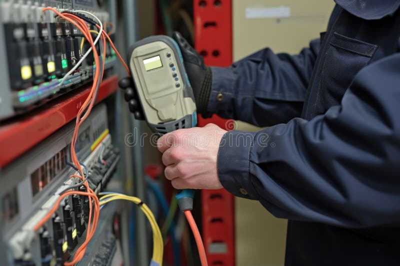 Electrician Holds Test Instrument Near Power Supply Ensuring Safety and