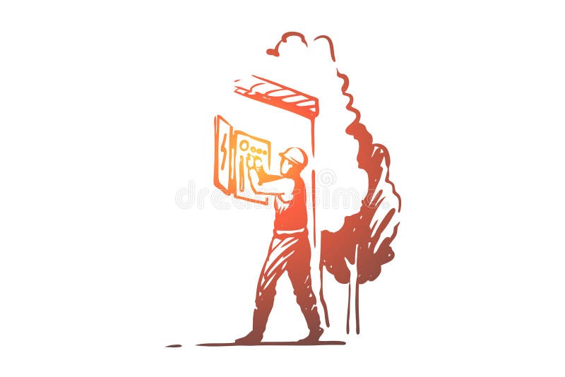 Electrician repairing electrical panel, dangerous profession, handyman in overalls standing outside. Technician occupation, electric box check concept sketch. Hand drawn vector illustration