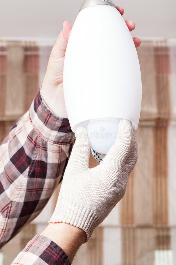 Electrician Replace Lamp in Ceiling Lights To LED Stock Image Image