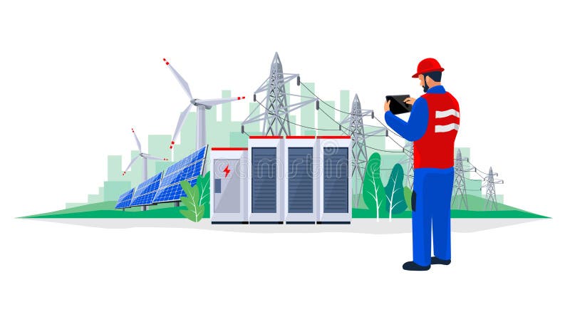 Electrician technician engineer diagnostics electricity power supply grid transmission vector illustration