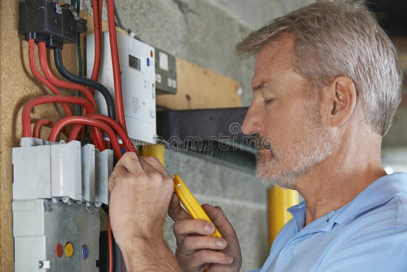 Electrician Testing Power Supply At Fuseboard