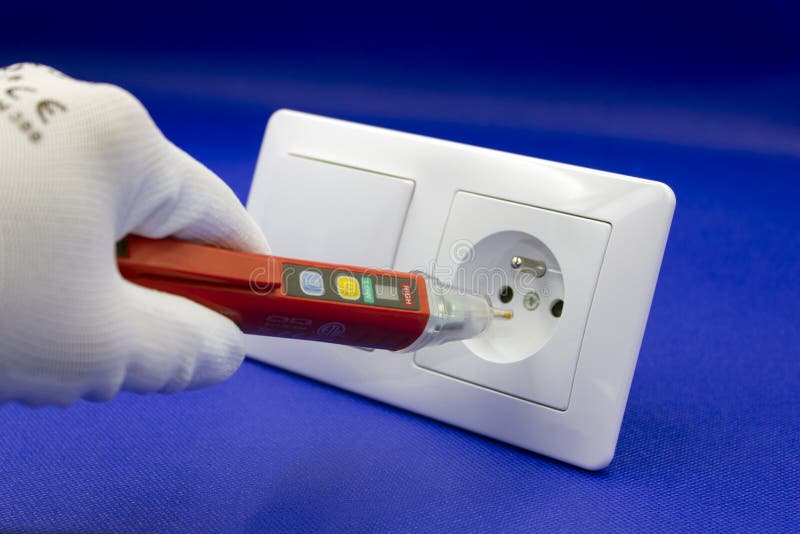 Electrician is Testing White Electrical Outlets Stock Image Image of