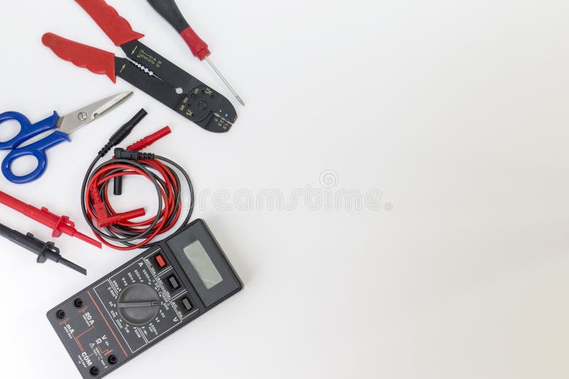Electrician Tools, Components and Instruments on a White Background