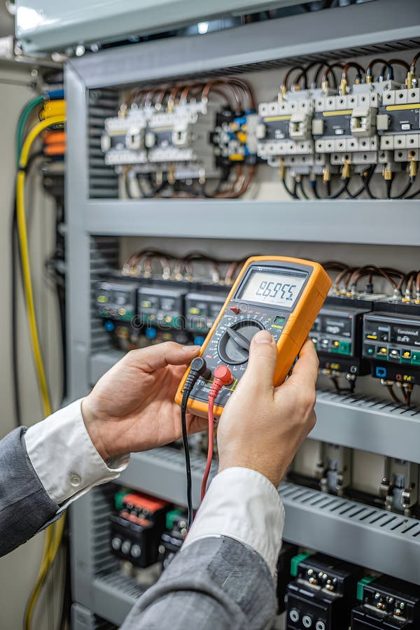 Electrician using digital multimeter measuring voltage on electrical cabinet stock illustration