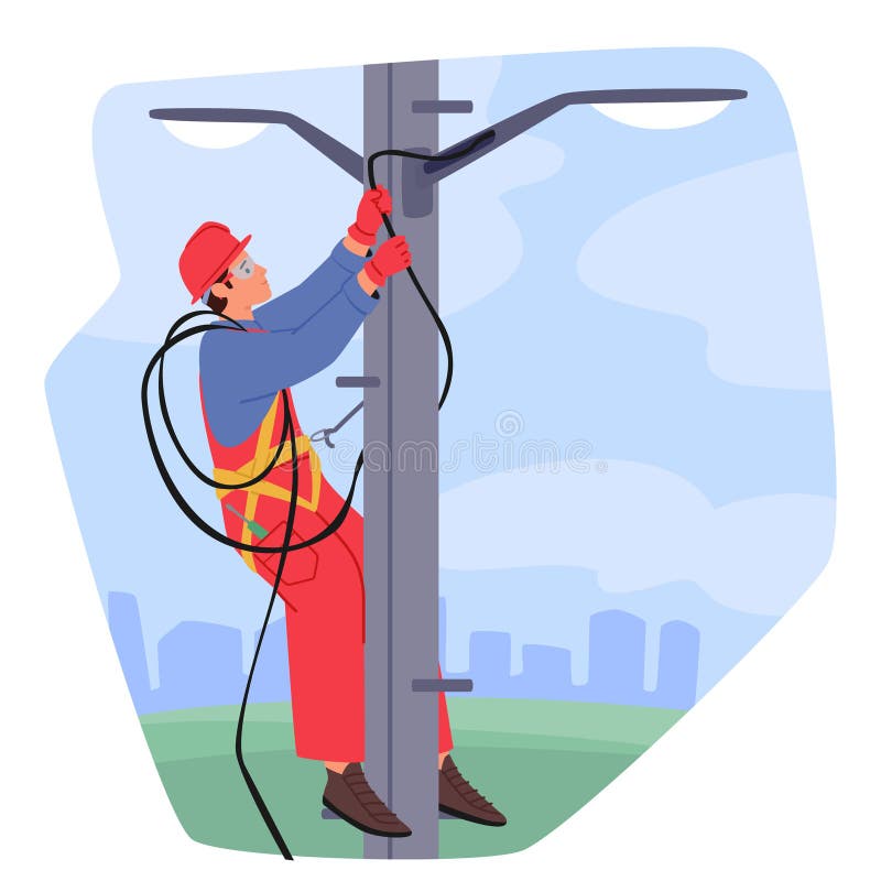 Electrician Worker Character Climbing on Power Line for Repairing. Electrical Facilities Concept with Repairman Engineer vector illustration
