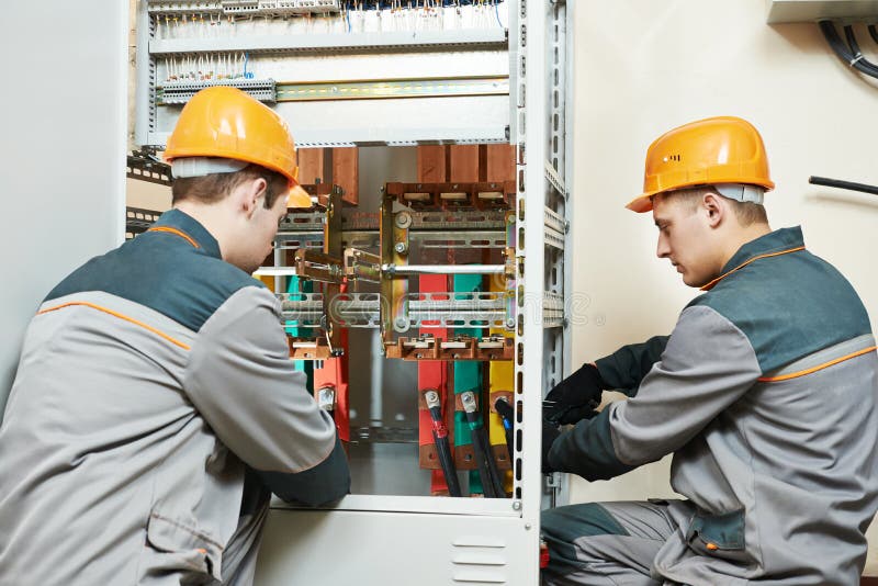 Two Electrician Workers at Cabling Stock Photo Image of electric