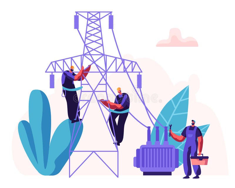 Electrician Workers Repairing Power Line. Electrical Facilities Concept with Repairman Engineer in Uniform at Wiring Maintenance vector illustration