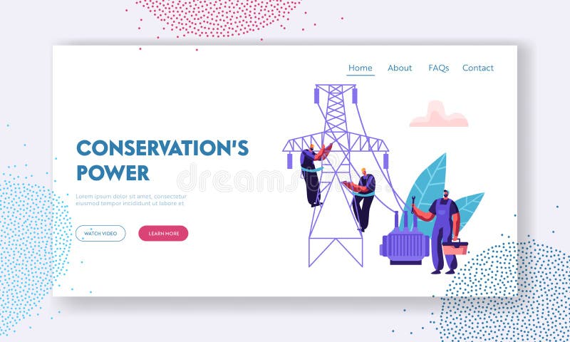 Electrician Workers Repairing Power Line Landing Page. Electrical Facilities Concept with Repairman Engineer in Uniform at Wiring royalty free illustration