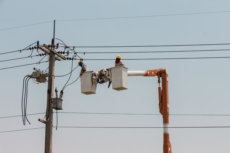 Power Electrician Lineman at Work on Pole Stock Image Image of crew