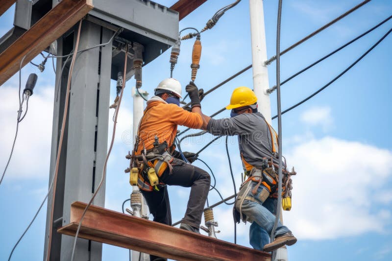 Electricians Working on a Largescale Construction Project, Installing Wiring and Electrical