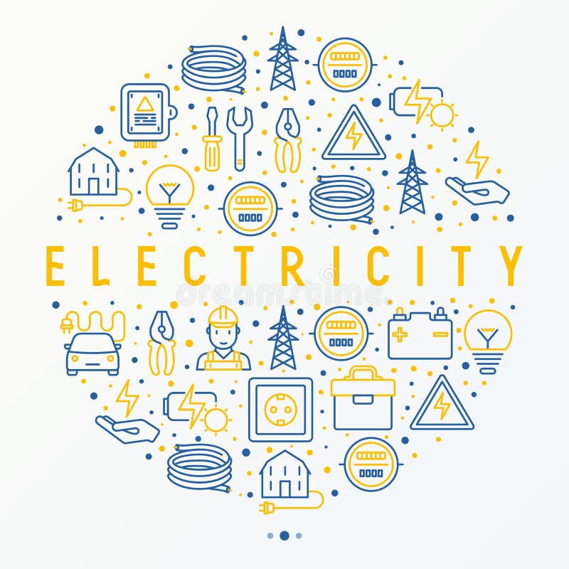 Electricity Concept in Circle with Thin Line Icons Stock Vector -  Illustration of charge, background: 114387662