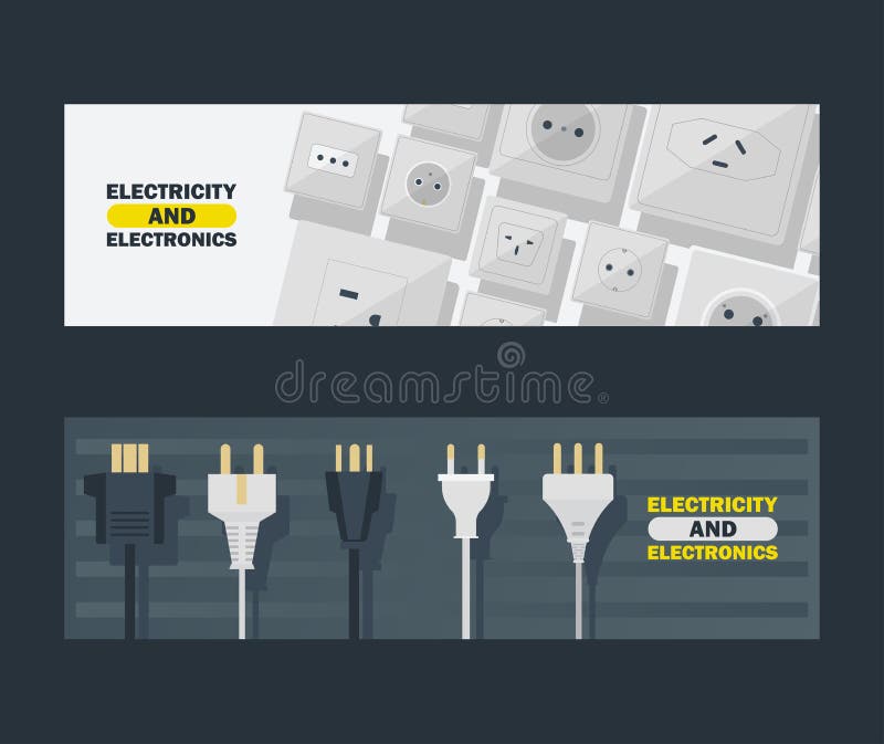 Electricity and electronics set of banners vector illustration. Black and white plugs and electrical outlet. Icon of vector illustration