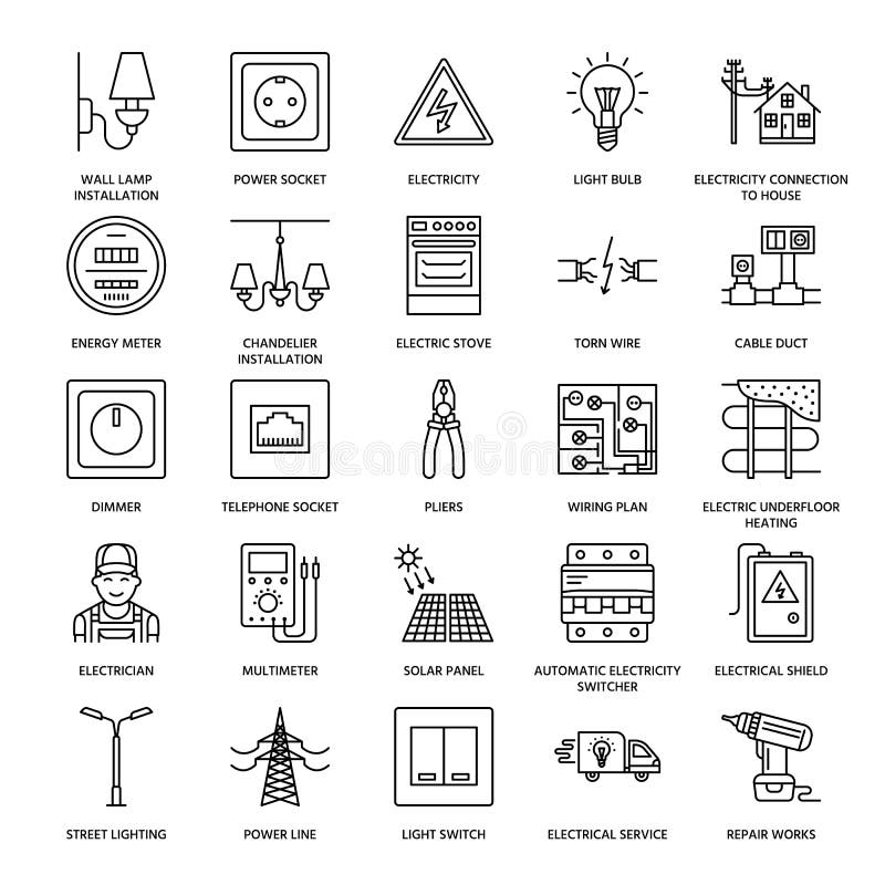 Electricity engineering vector flat line icons. Electrical equipment, power socket, torn wire, energy meter, lamp stock illustration