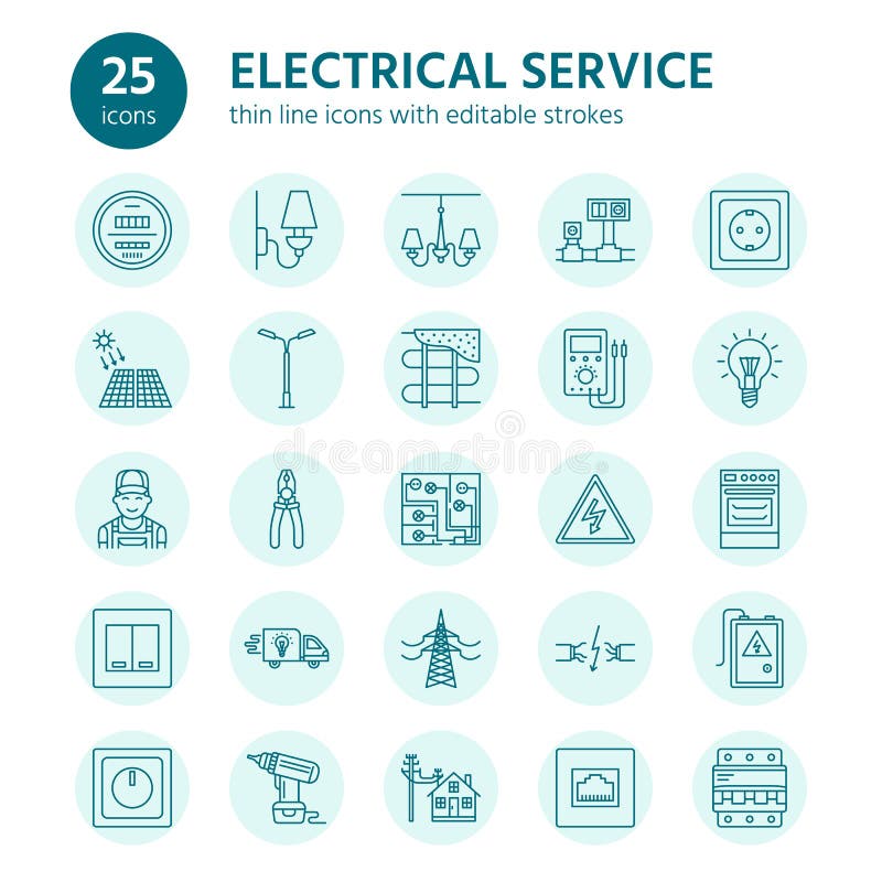 Electricity engineering vector flat line icons. Electrical equipment, power socket, torn wire, energy meter, lamp royalty free illustration