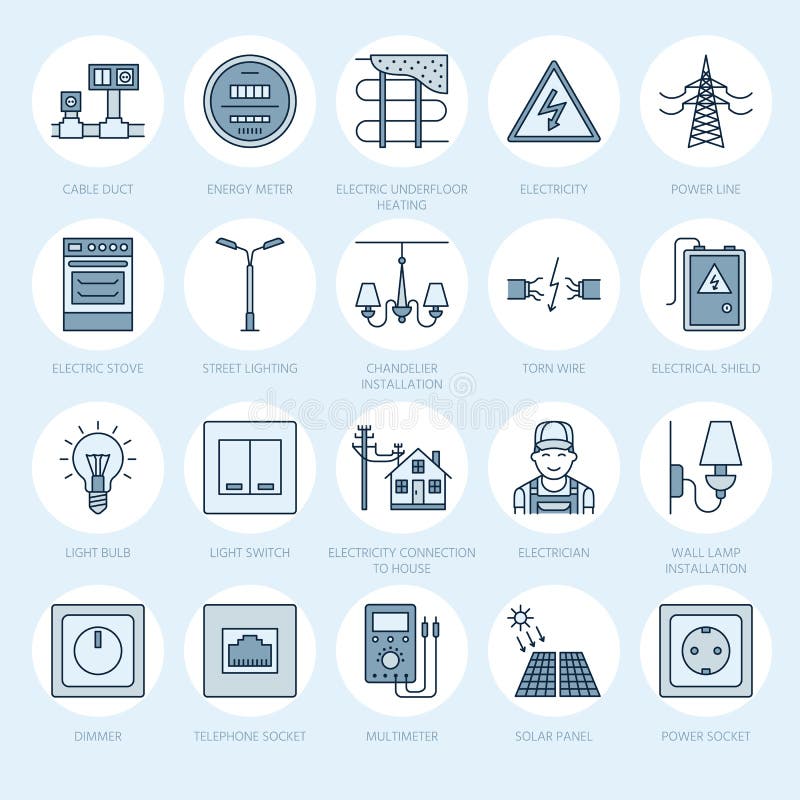 Electricity engineering vector flat line icons. Electrical equipment, power socket, torn wire, energy meter, lamp vector illustration