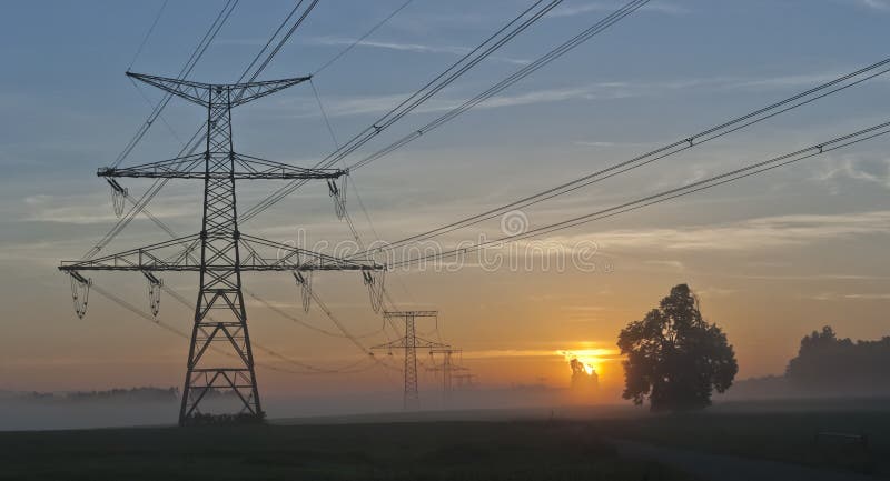 Electricity Pylons and nuclear power plant Temelin