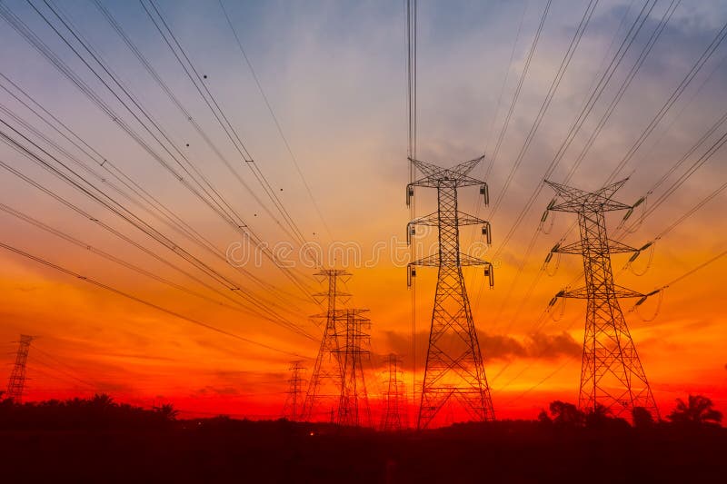 Electricity pylons in sunset