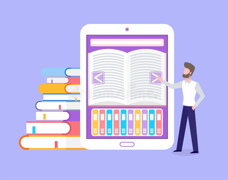 Electronic Book and Reader, Woman Reading Ebook Stock Vector