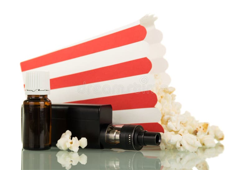 Electronic Cigarette with Liquid for Smoking, Striped Box with Popcorn Stock Image Image of