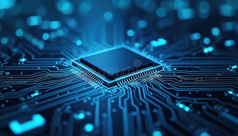 Electronic circuit board close-up shows computer chip, blue cyber circuit future tech concept. Digital processor microchip royalty free stock photos