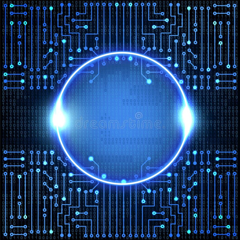 Electronic circuit glowing round frame. High tech concept. Digital template royalty free illustration