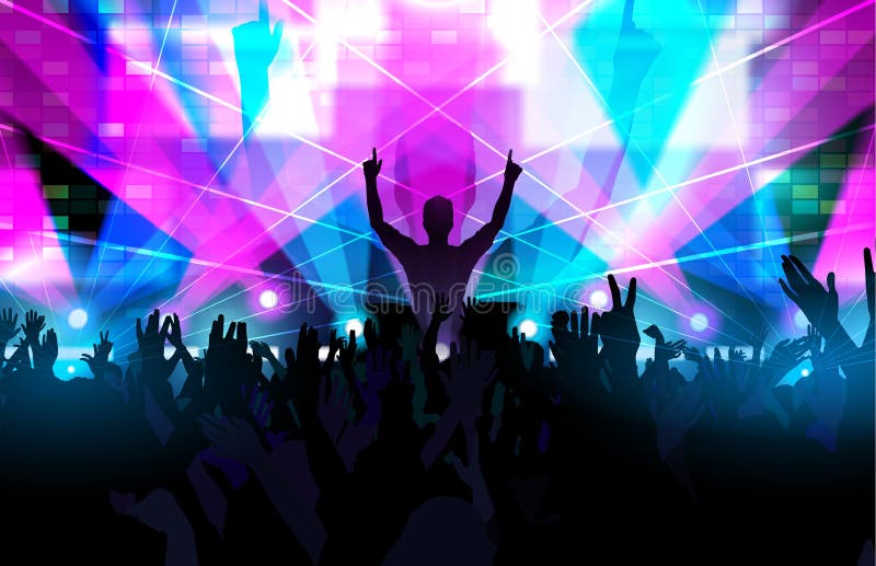 Electronic dance music festival with dancing people hands up