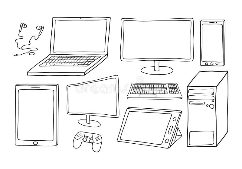 Electronic devices including computer, laptop, smart phone, tablets, keyboard, games controller and ear phones. White filled, isol stock illustration Electronic devices including computer, laptop, smart phone, tablets, keyboard, games controller and ear phones. White filled, isol stock illustration