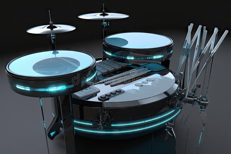 Electronic Drumset, with Drums and Sticks Made of Futuristic Materials