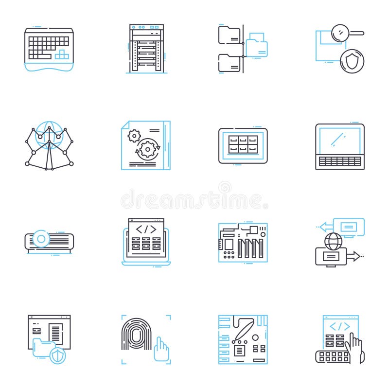 Electronic equipment linear icons set. Gadgets, Devices, Technology, Automation, Compnts, Cybersecurity, Robotics line stock illustration