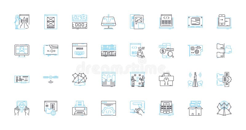 Electronic equipment linear icons set. Gadgets, Devices, Technology, Automation, Compnts, Cybersecurity, Robotics line vector illustration