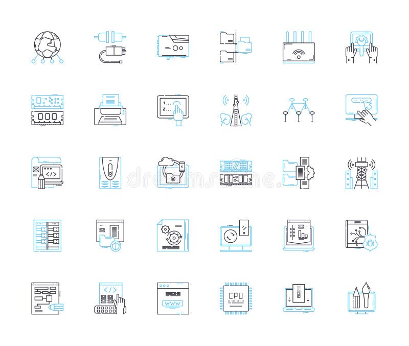 Electronic equipment linear icons set. Gadgets, Devices, Technology, Automation, Compnts, Cybersecurity, Robotics line stock illustration