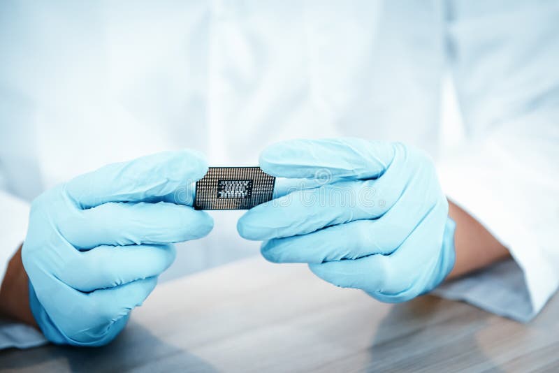 Electronic Lab Science and Manufacturing Computer Processor Concept, Engineer CPU Microchip Development Holding Circuit CPU for royalty free stock photos