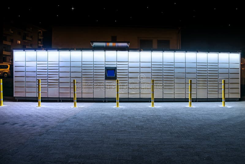 Electronic Locker, automated parcel terminal parcel locker, post terminal, on the street with empty screen