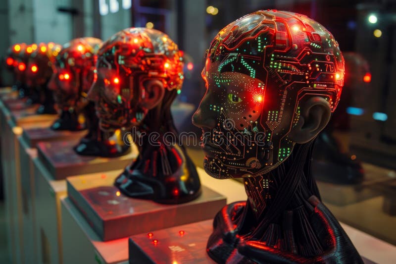 Futuristic electronic mannequin heads with glowing circuits royalty free illustration
