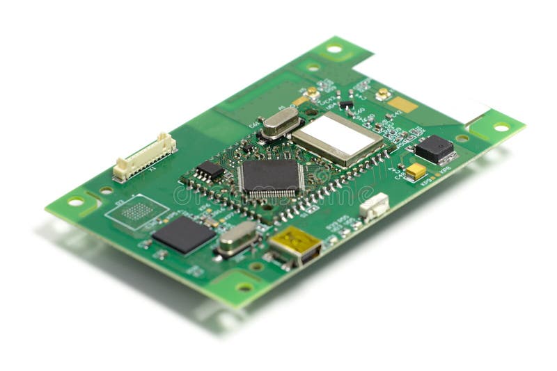 Electronic printed circuit board with chips and other components, front side, angled view, isolated on white stock images Electronic printed circuit board with chips and other components, front side, angled view, isolated on white stock images