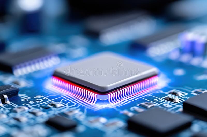 Electronic processor on blue circuit board. modern computing and microchip technology stock illustration