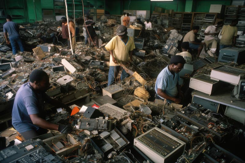 Electronic Recycling Center, with Workers Dismantling and Sorting E