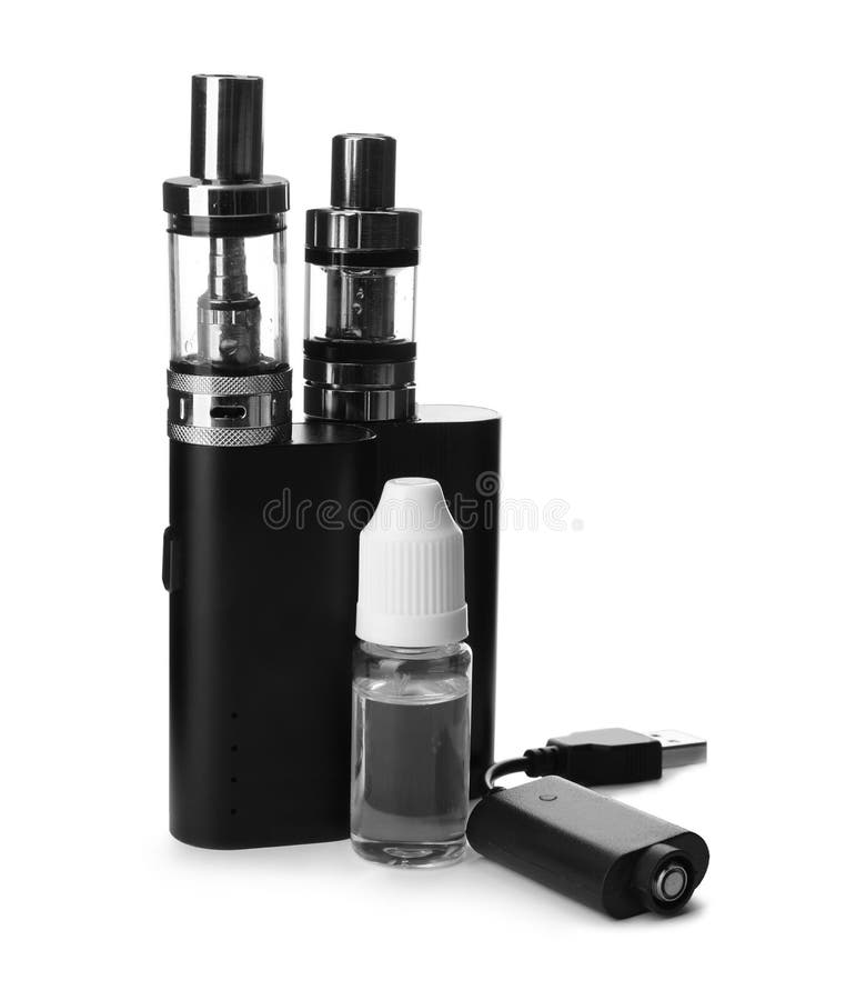 Electronic Smoking Devices, Vaping Liquid and Charger on White