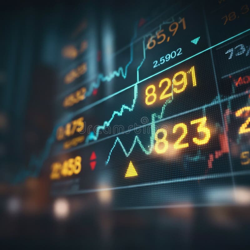 An electronic stock market display shows fluctuating numerical data and graphs. The vector illustration