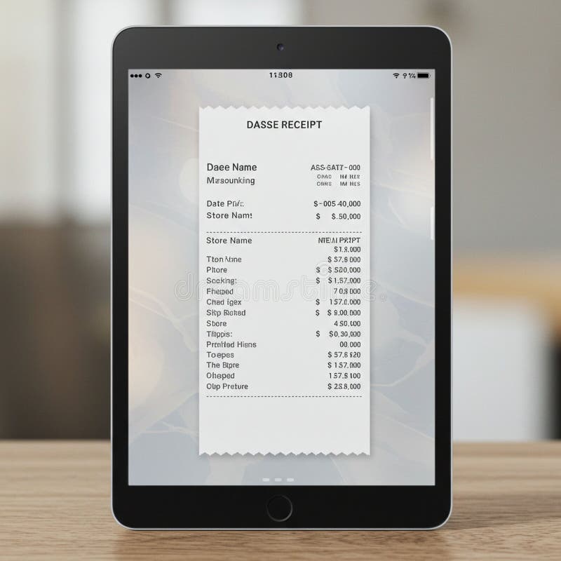 An electronic tablet displaying a digital receipt labeled \'DASSE RECEIPT. \' The receipt royalty free illustration