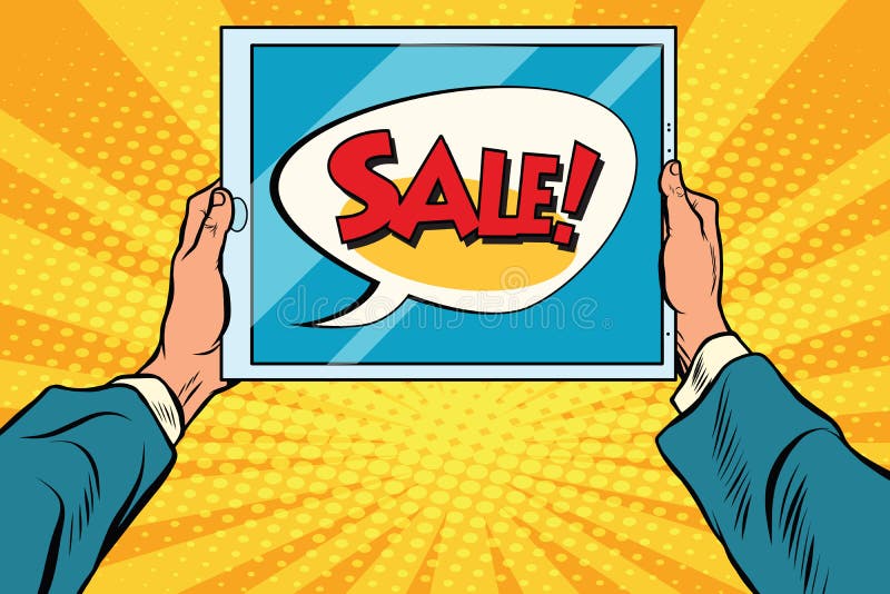 Electronic tablet in hand, sale vector illustration