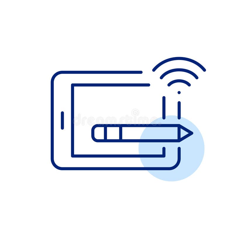 Electronic tablet, stylus and wifi. Creating sketches, notes and working from mobile device. Pixel perfect, editable stroke vector icon