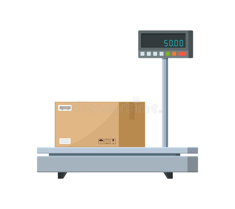 Electronic weight scale for cargo. Industrial scale for parcel box. Balance machine for weigh of box. Weight platform equipment