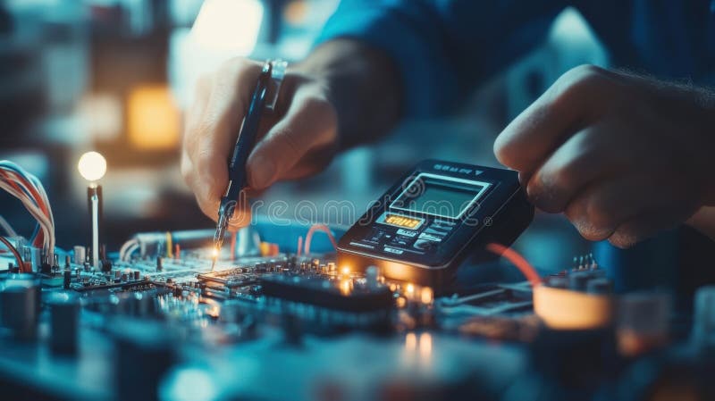 Electronics engineer repairing motherboard using soldering iron and multimeter stock photo