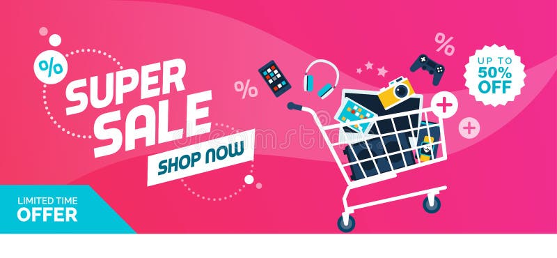 Electronics promotional sales banner with shopping cart