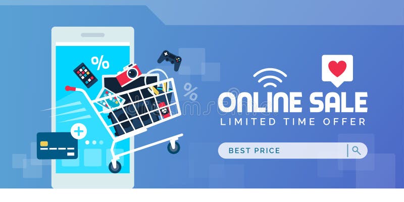 Electronics promotional sales banner with shopping cart